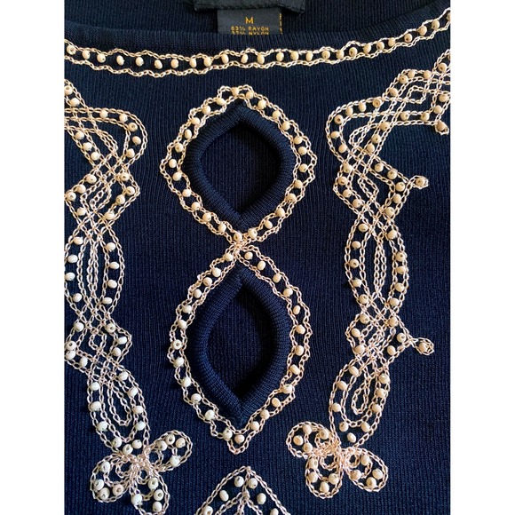 Grace Daniels Black Embellished Chain Pattern Elegant Top 3/4 Sleeve Size M EUC - Picture 2 of 8